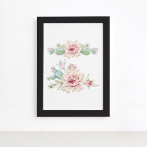Quadro Cacto Flores Moldura Preta 33x43cm