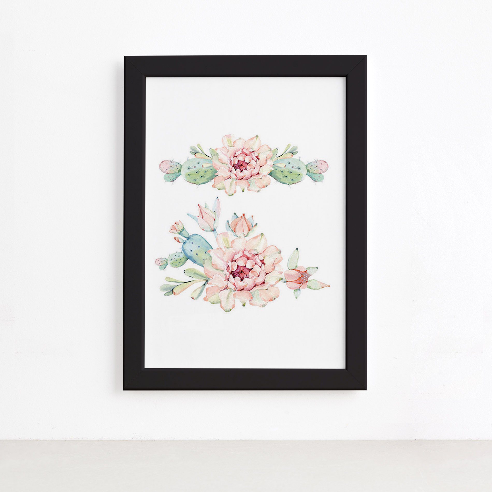 Quadro Cacto Flores Moldura Preta 33x43cm