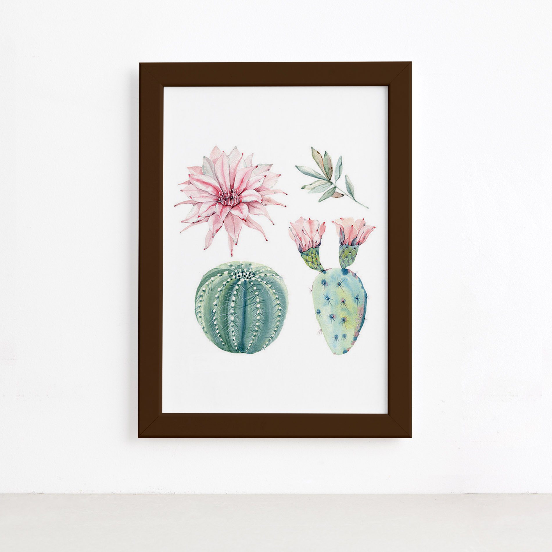 Quadro Cacto Floridos Moldura Marrom 33x43cm