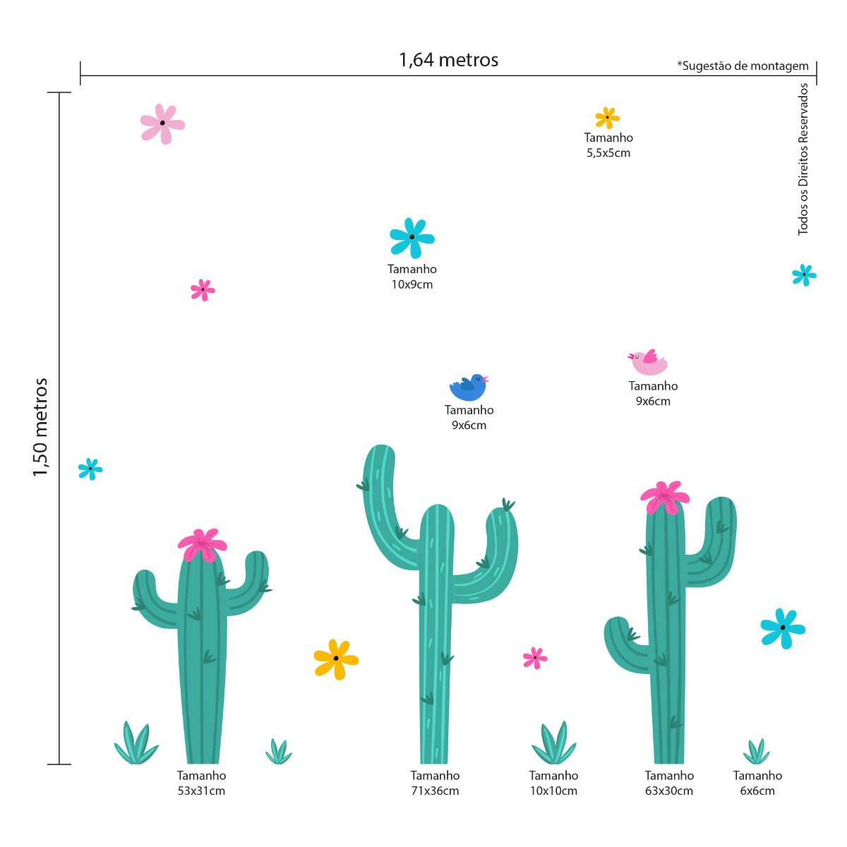 Adesivo de Parede Cactos, Flores e Passarinhos Cobre 2m²