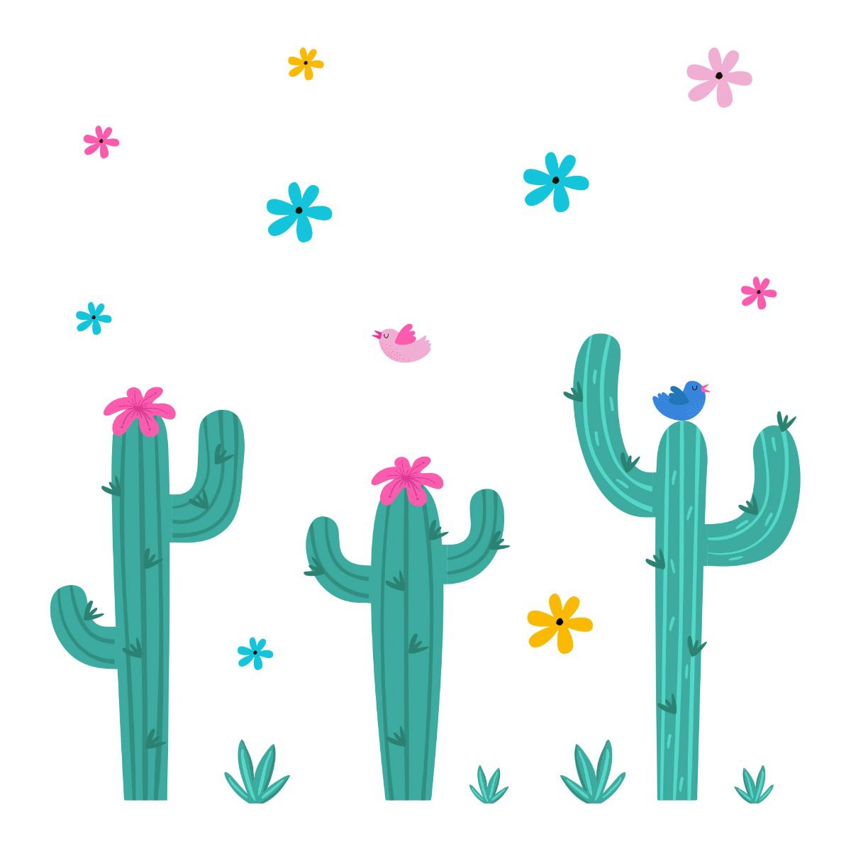 Adesivo de Parede Cactos, Flores e Passarinhos Cobre 2m²