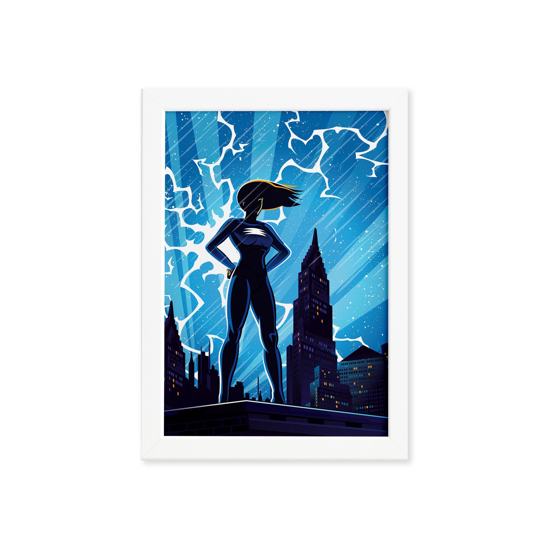 Quadro Super Heróis Geek Azul Chuva Moldura Branca 33x43cm