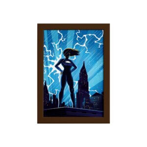 Quadro Super Heróis Geek Azul Chuva Moldura Marrom