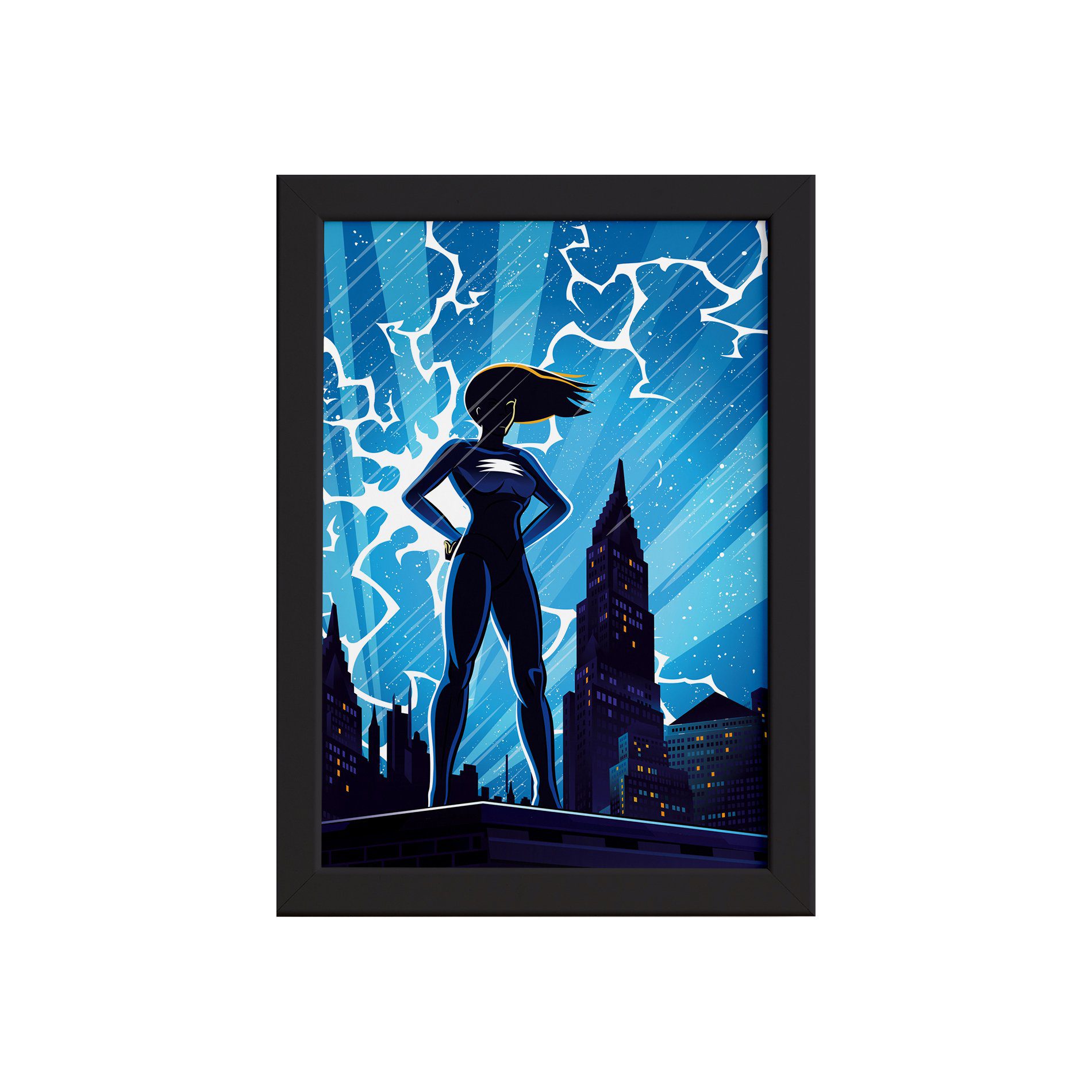 Quadro Super Heróis Geek Azul Chuva Moldura Preta 