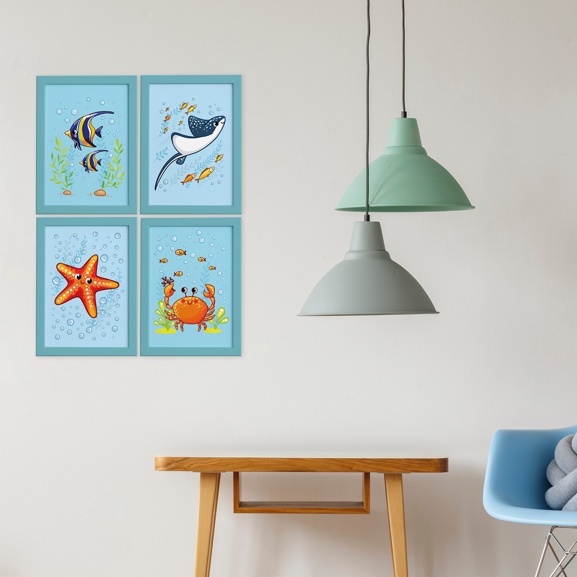 Quadros Fundo do Mar Moldura Azul Modelo 3 Kit 4un 22x32cm,Quadros Fundo do Mar Moldura Azul Modelo 3 Kit 4un 22x32cm