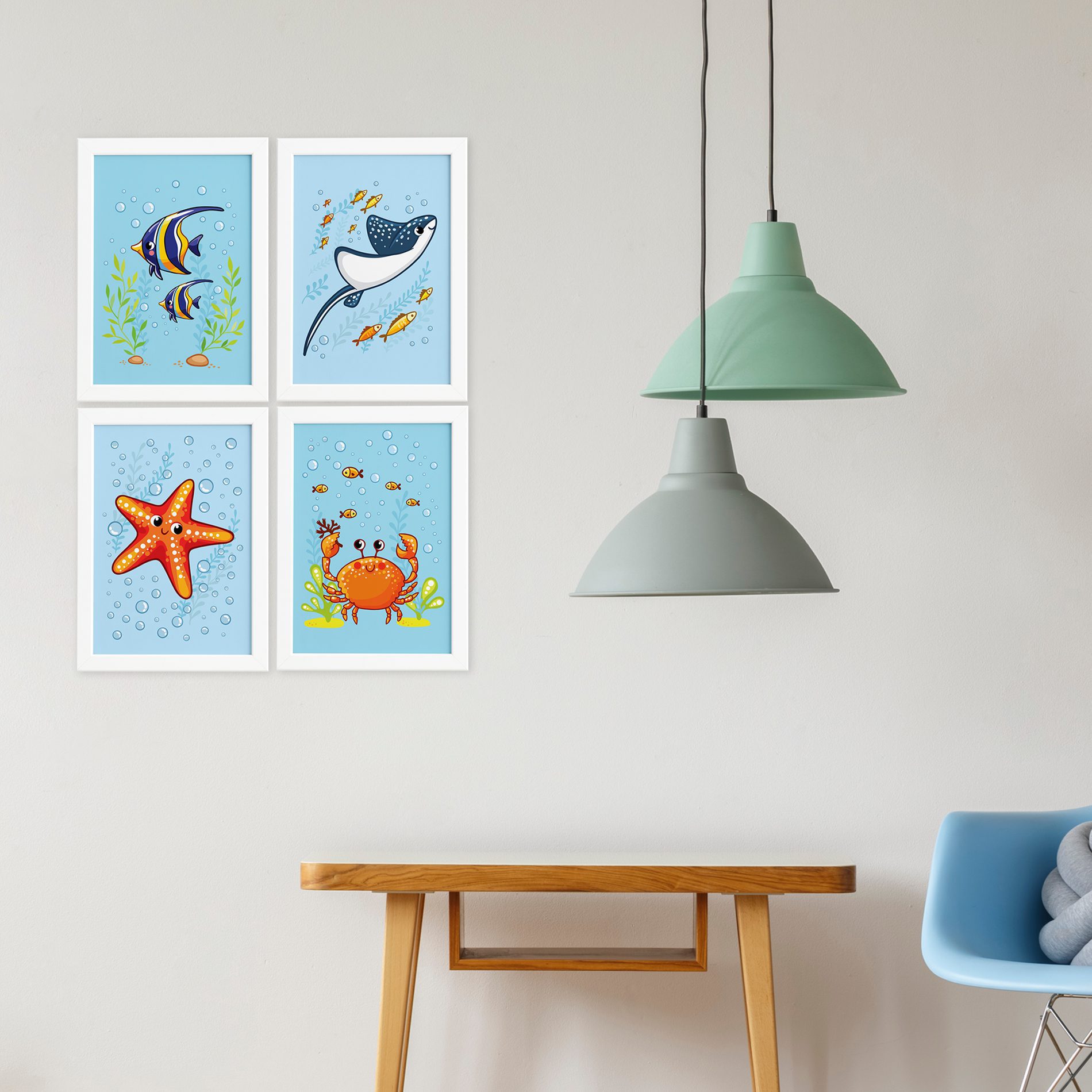 Quadros Fundo do Mar Moldura Branca Modelo 3 Kit 4un 22x32cm,Quadros Fundo do Mar Moldura Branca Modelo 3 Kit 4un 22x32cm