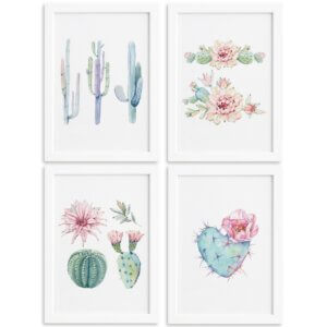 Quadros Cactos com Moldura Branca Kit 4un