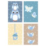 Placas Decorativas Coruja Baby Azul MDF 30x40cm Kit 4un