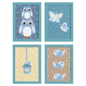 Quadros Coruja Baby Azul Moldura Azul 22x32 4un