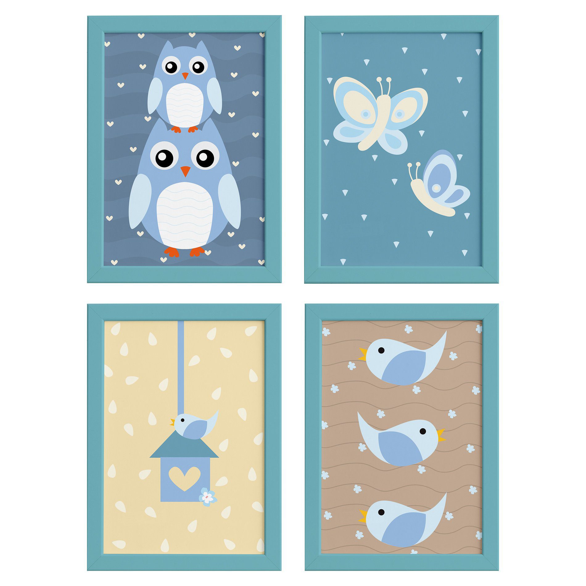 Conjunto de quatro quadros decorativos infantis com moldura azul clara, ideal para decoração de quarto de bebê.