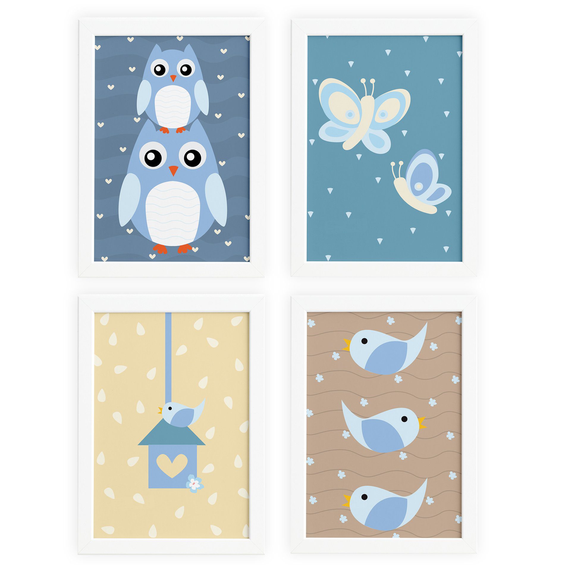 Quadros Coruja Baby Azul Moldura Branca