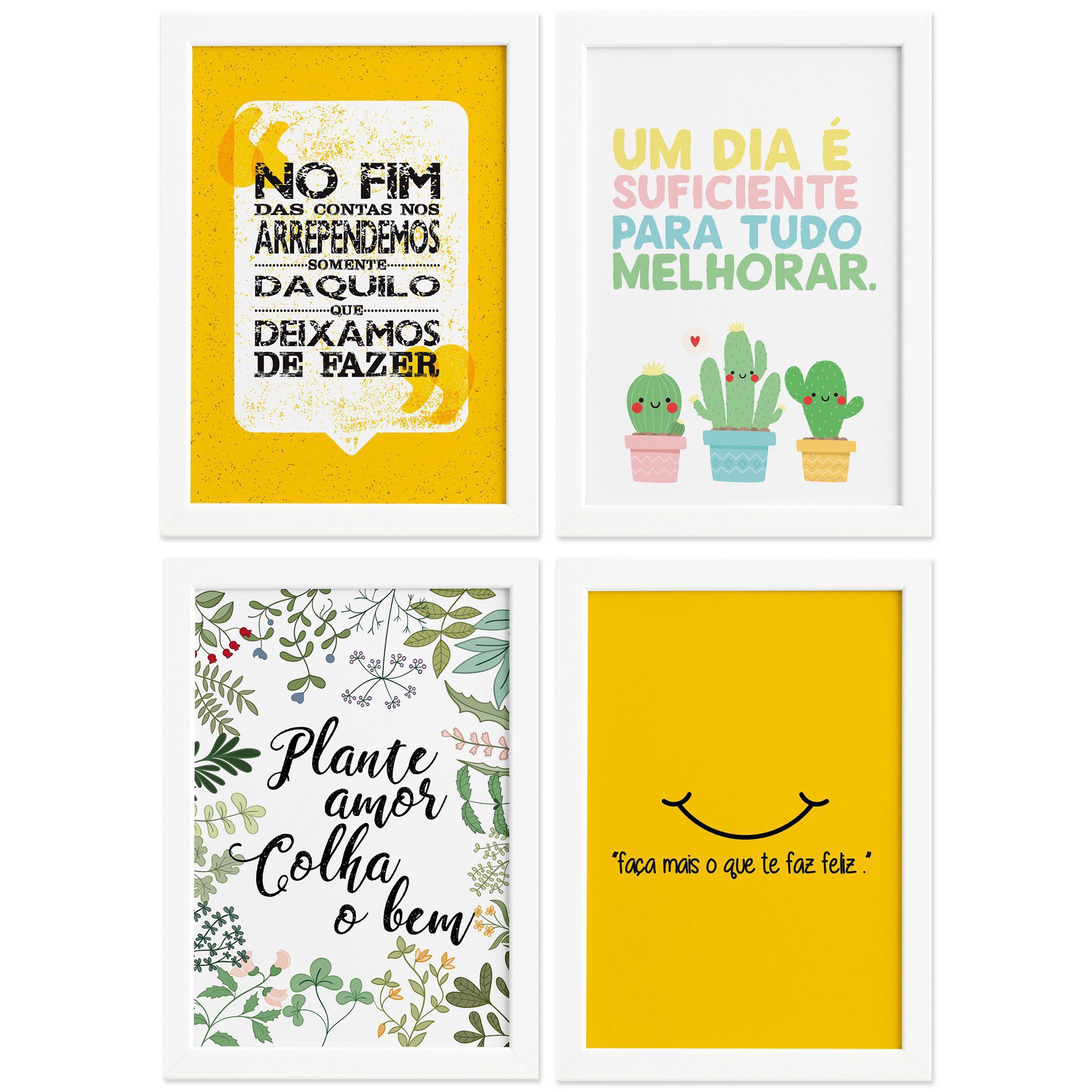 Quadros Frases Vida Feliz Moldura Branca 33x43cm 4un 