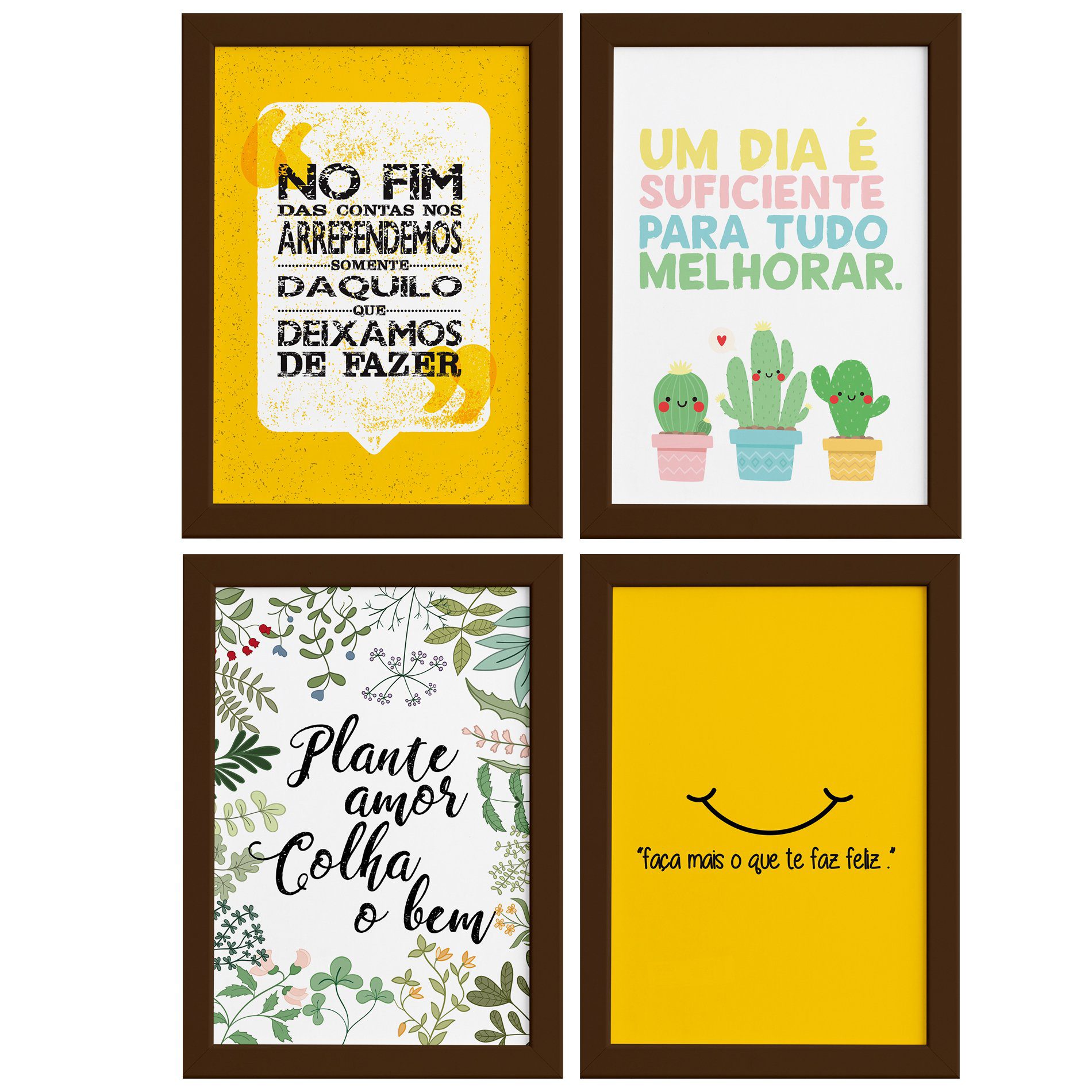 Quadros Frases Vida Feliz Moldura Marrom 22x32cm 4un