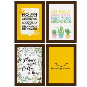 Quadros Frases Vida Feliz Moldura Marrom 33x43cm 4un