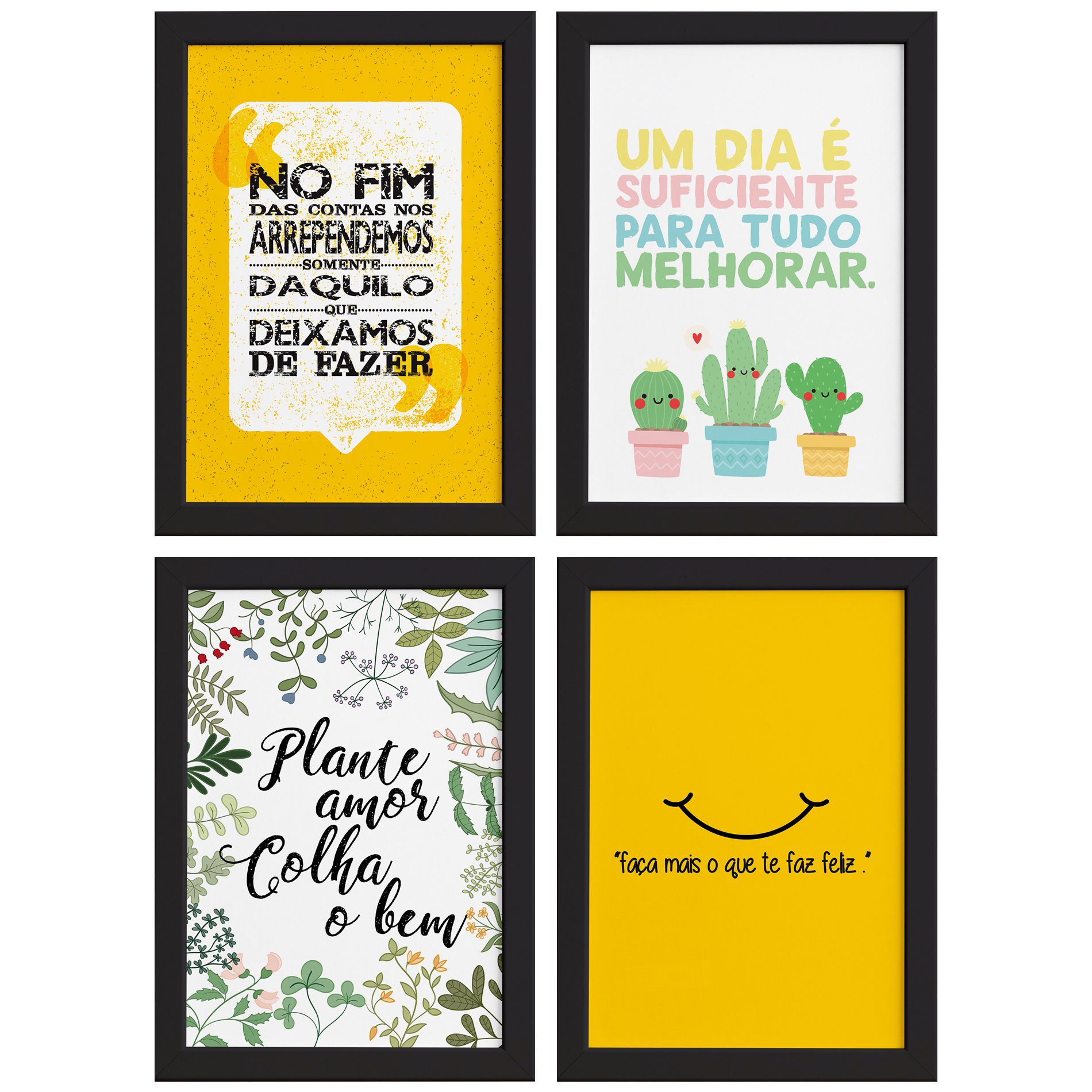 Quadros Frases Vida Feliz Moldura Preta 22x32cm 4un