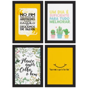 Quadros Frases Vida Feliz Moldura Preta 33x43cm 4un