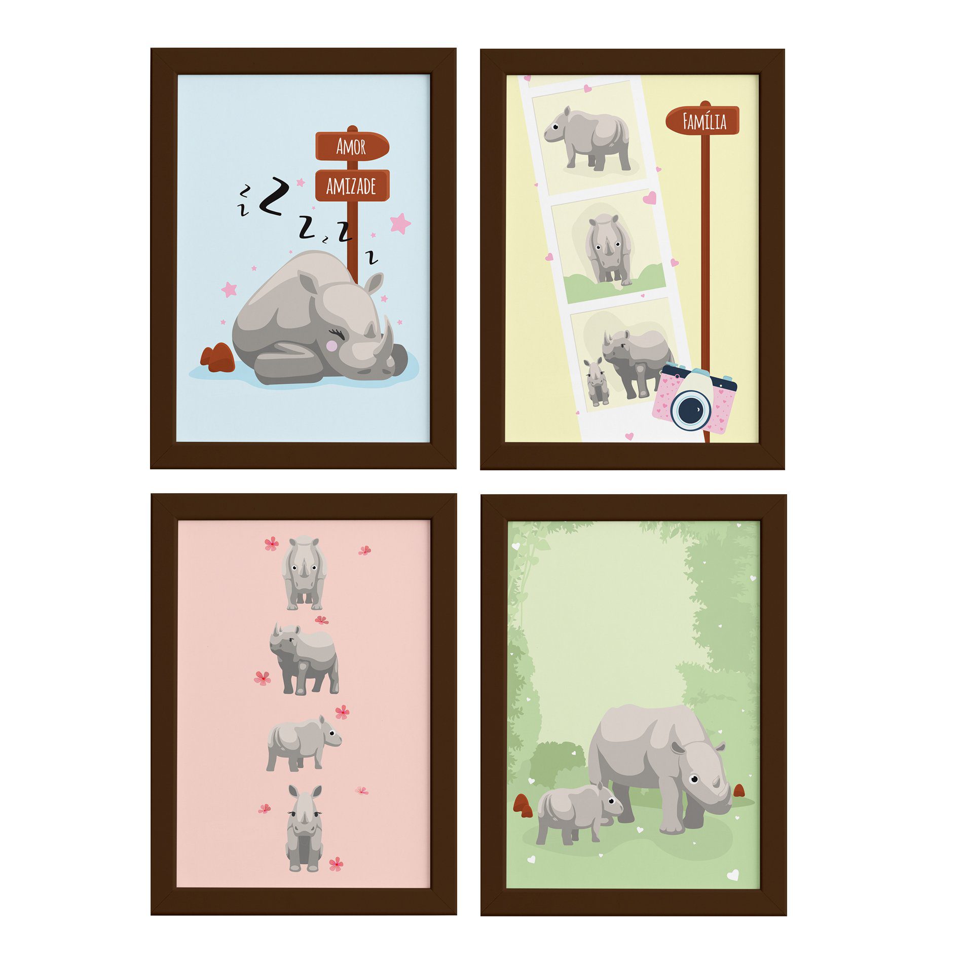 Quadros Rinocerontes Carinhosos Moldura Marrom 