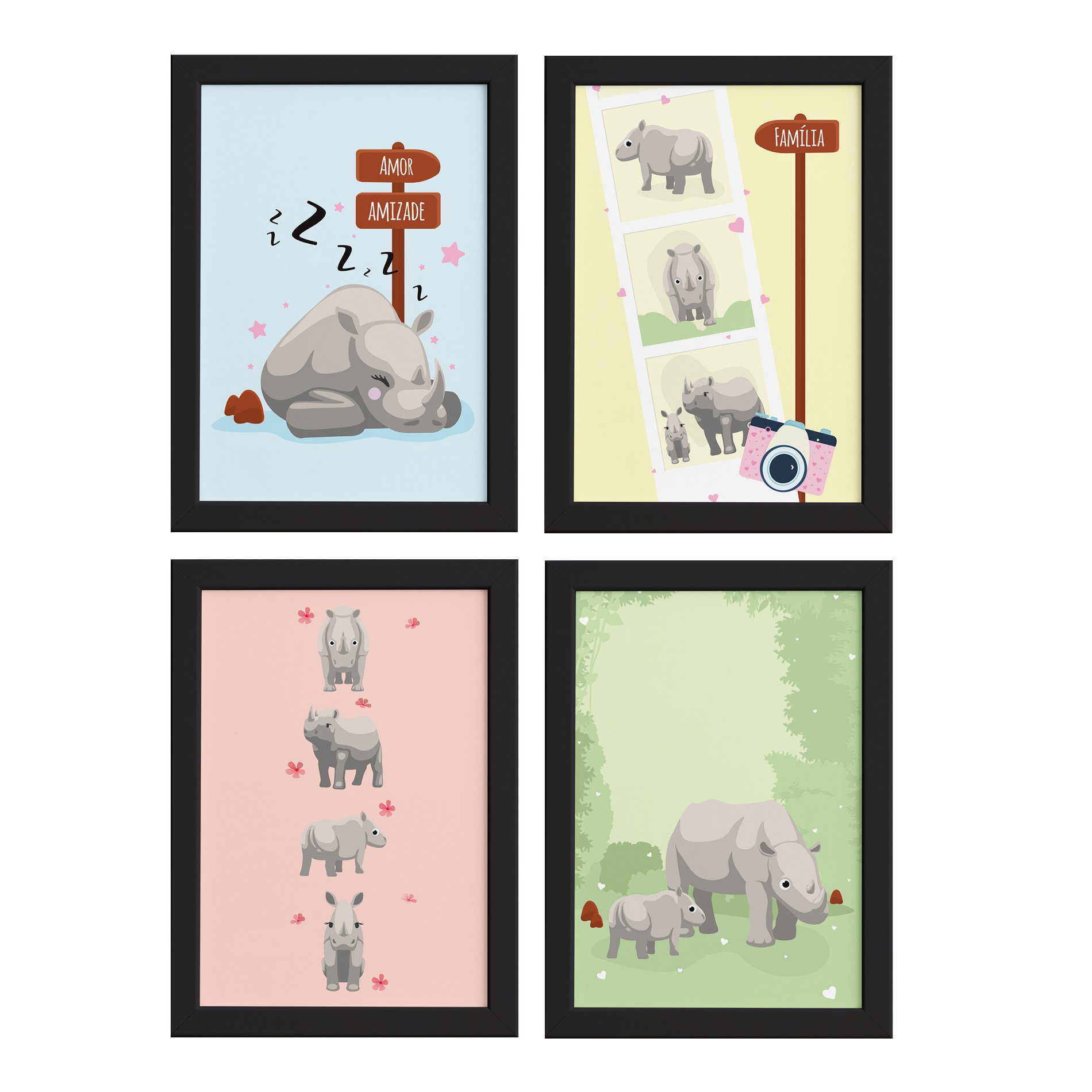 Quadros Rinocerontes Carinhosos Moldura Preta