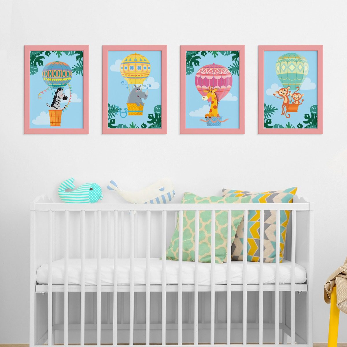 Quadros Balões Safari Moldura Rosa 22x32cm Kit 4un