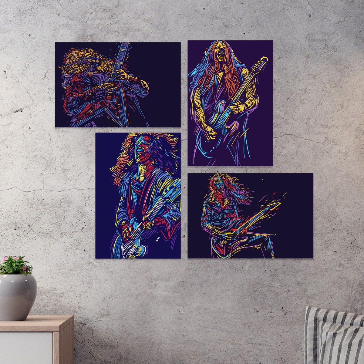 Placas Decorativas Abstratas Guitarristas 30x40cm Kit 4un
