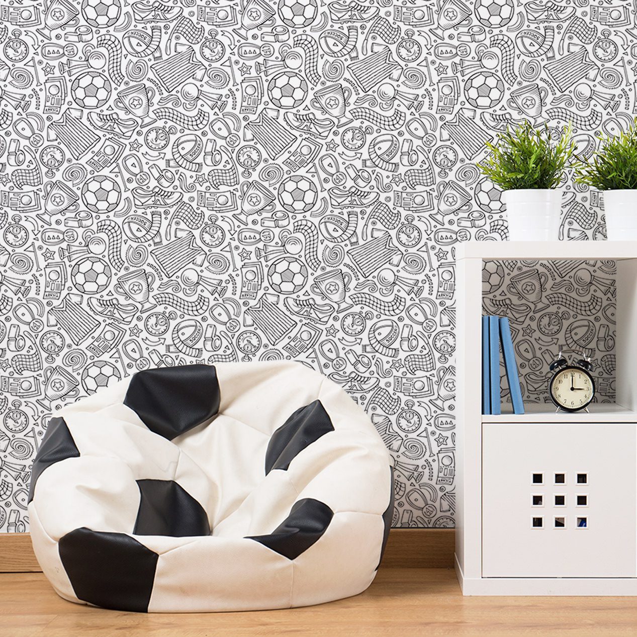 Papel de Parede Branco e Preto para Colorir Futebol 57x270cm