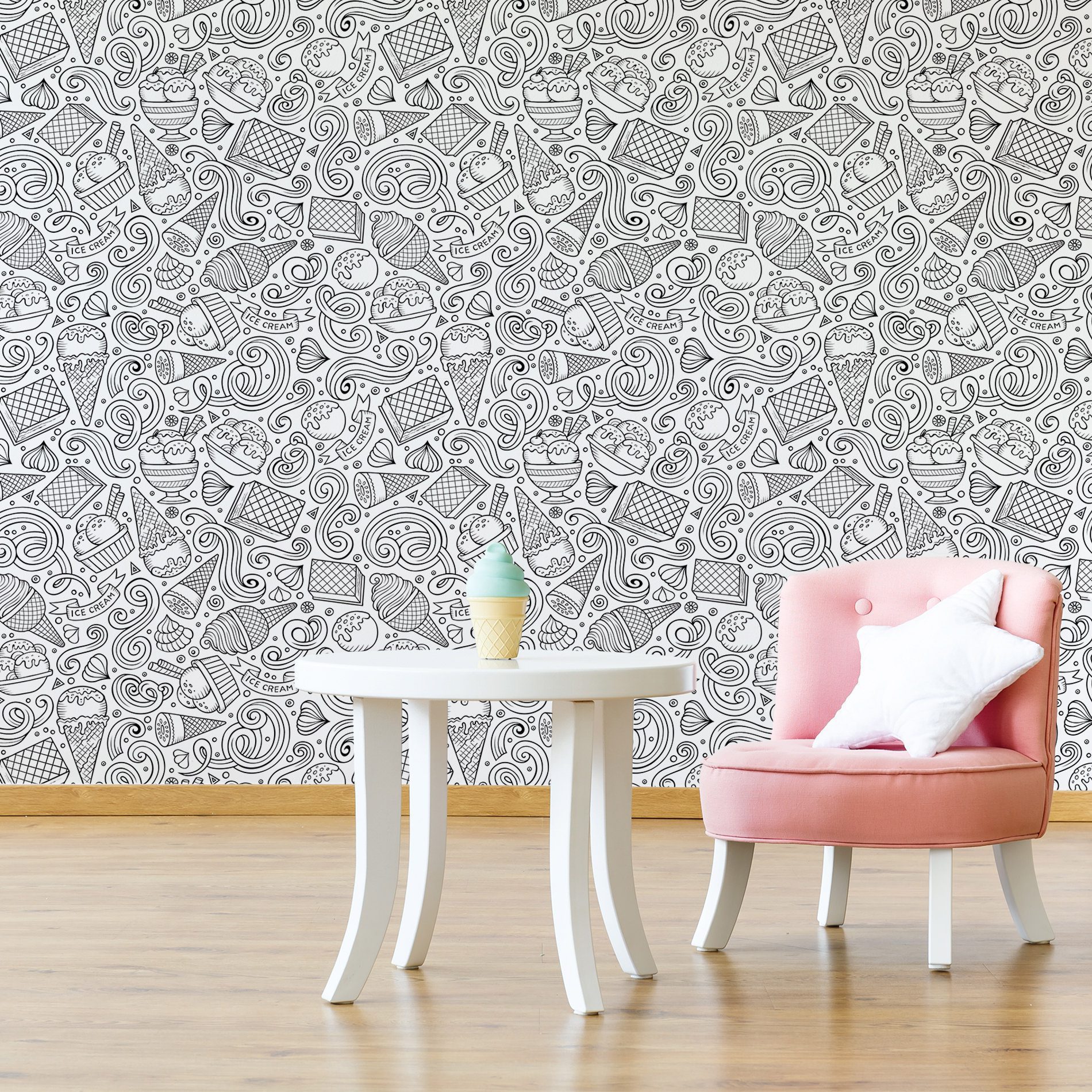 Papel de Parede Branco e Preto para Colorir Sorvete 57x270cm