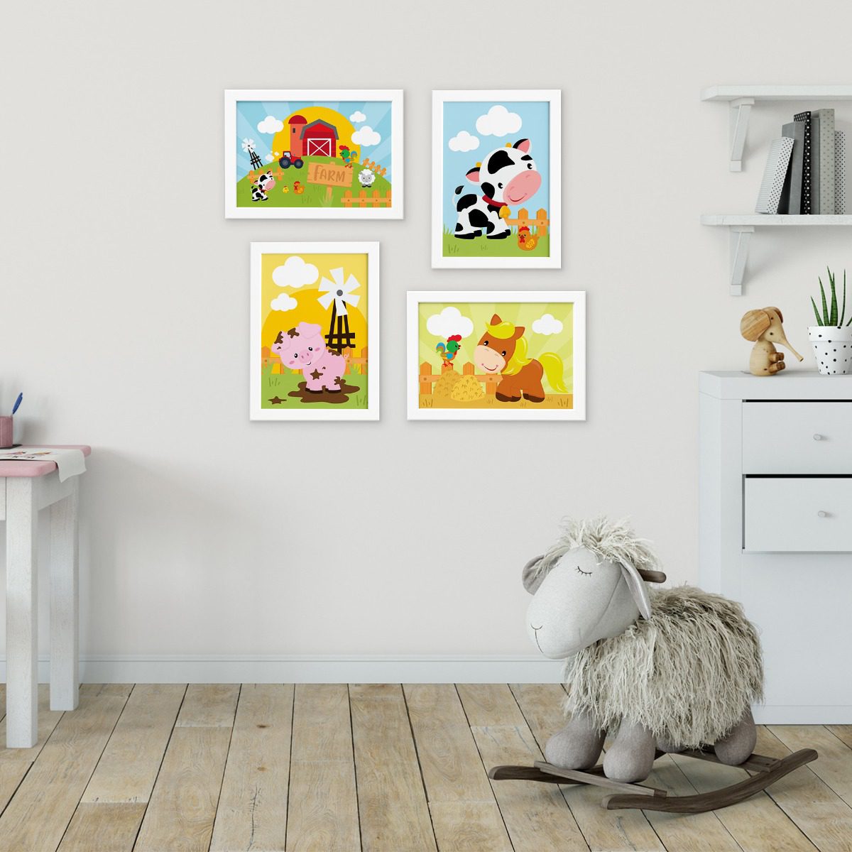 Quadros Animais Fazenda Feliz Moldura Branca