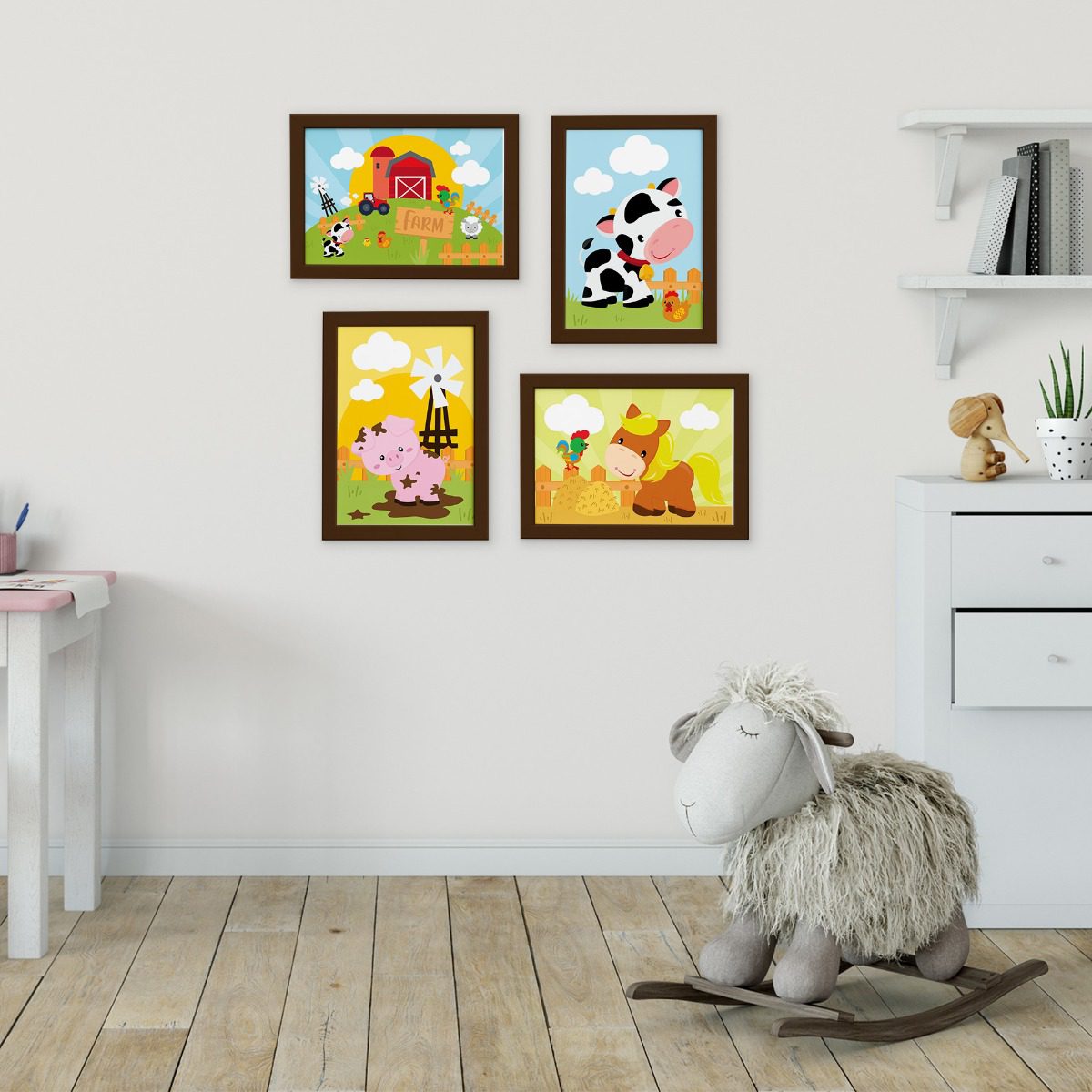 Quadros Animais Fazenda Feliz Moldura Marrom 22x32cm Kit 4un