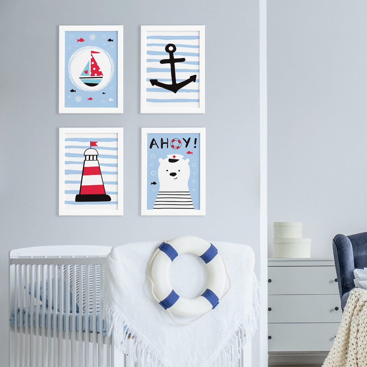Quadros Quarto Marinheiro Moldura Branca 33x43cm Kit4un