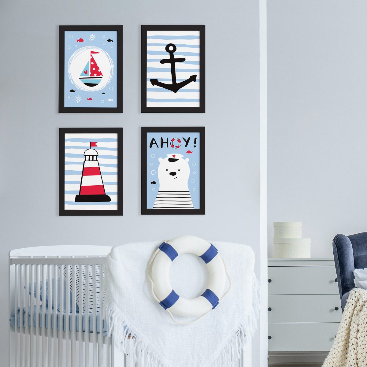 Quadros Quarto Marinheiro Moldura Preta 22x32cm Kit4un