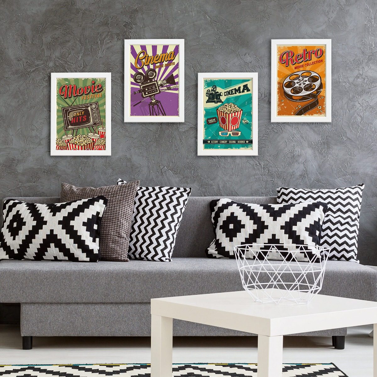 Quadros Vintage Cinema Moldura Branca 33x43cm Kit 4un