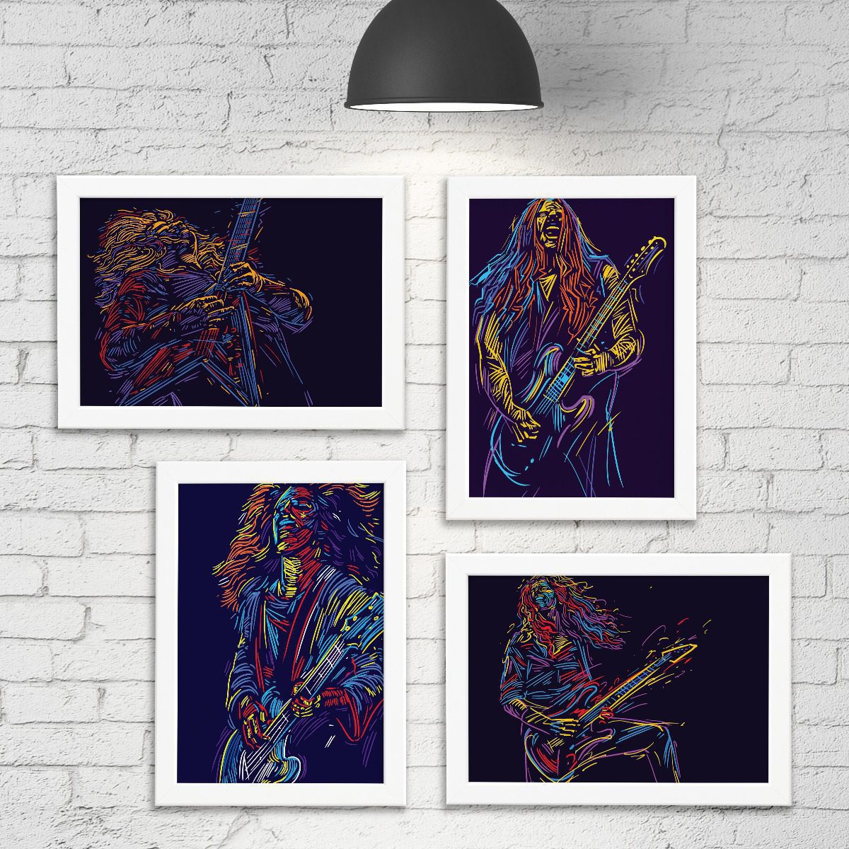 Quadros Abstratas Guitarristas Moldura Branca 33x43cm Kit4un