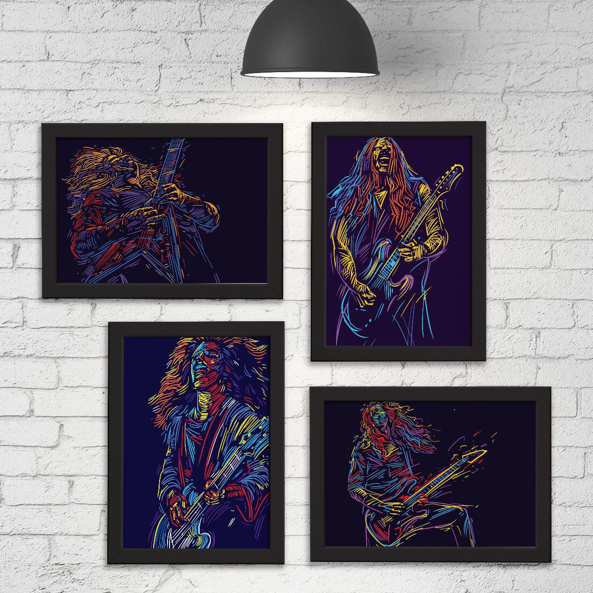 Quadros Abstratas Guitarristas Moldura Preta 33x43cm Kit4un