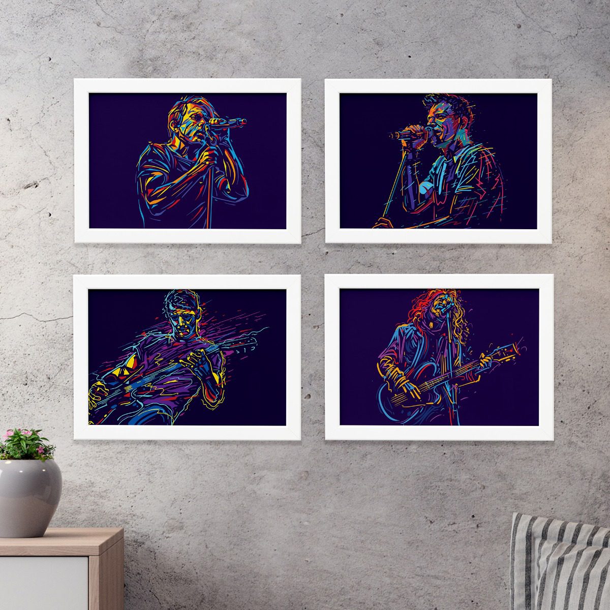 Quadros Abstratas Músicos Moldura Branca 22x32cm Kit4un