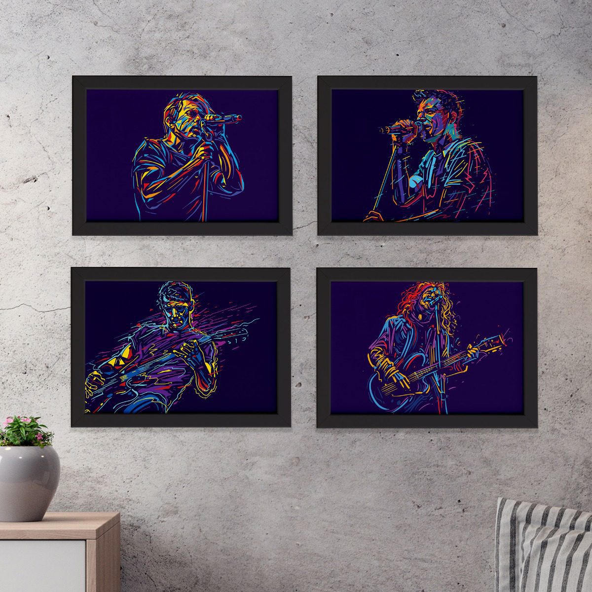 Quadros Abstratas Músicos Moldura Preta 22x32cm Kit4un