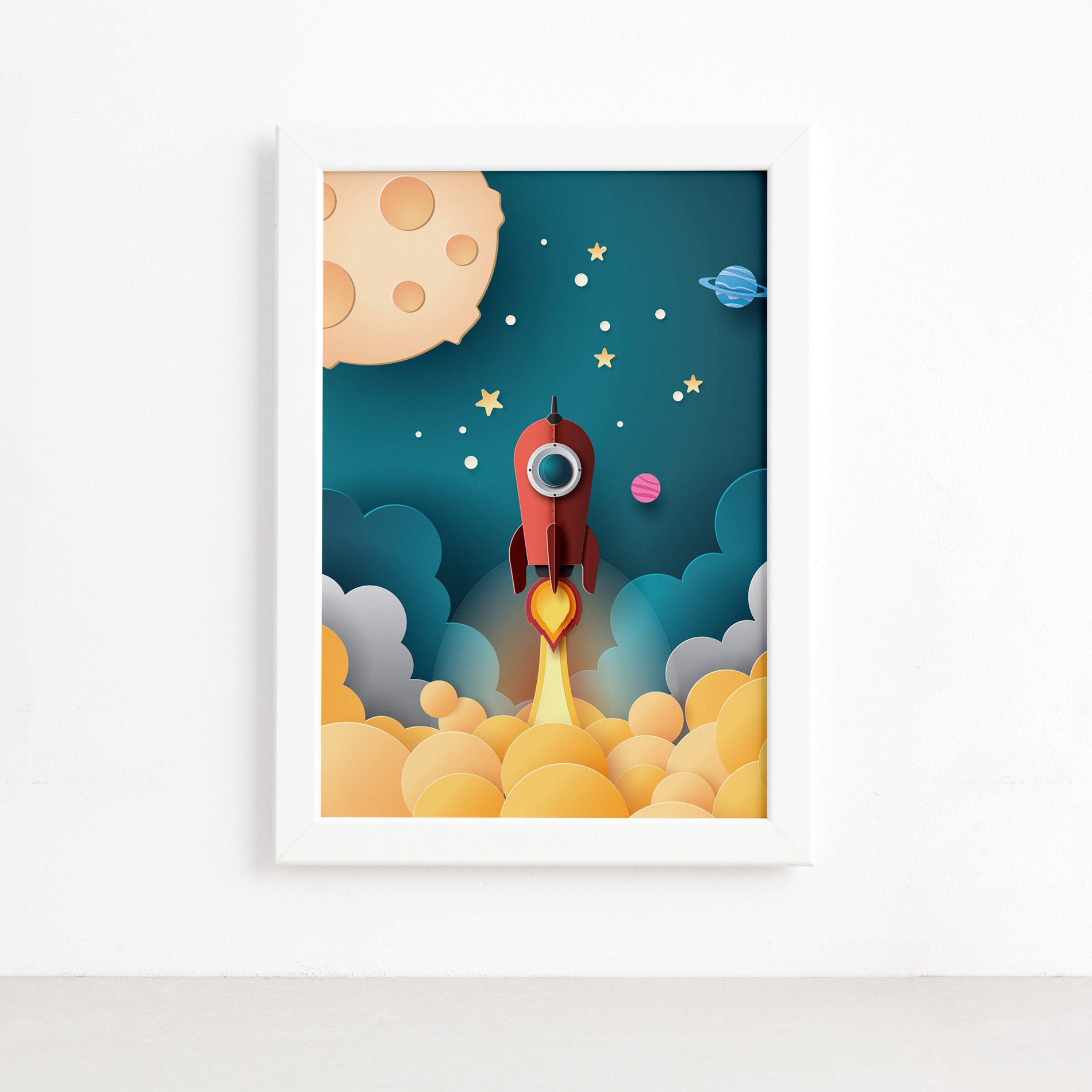 Quadro Astronauta Foguete Vermelho Moldura Branca 22x32cm,Quadro Astronauta Foguete Vermelho Moldura Branca 22x32cm