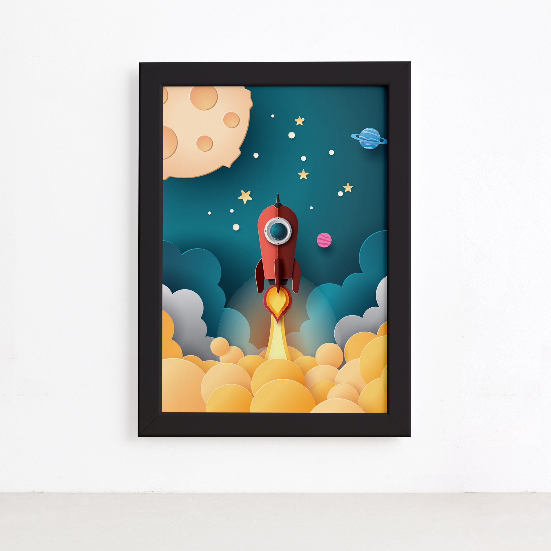 Quadro Astronauta Foguete Vermelho Moldura Preta 22x32cm,Quadro Astronauta Foguete Vermelho Moldura Preta 22x32cm