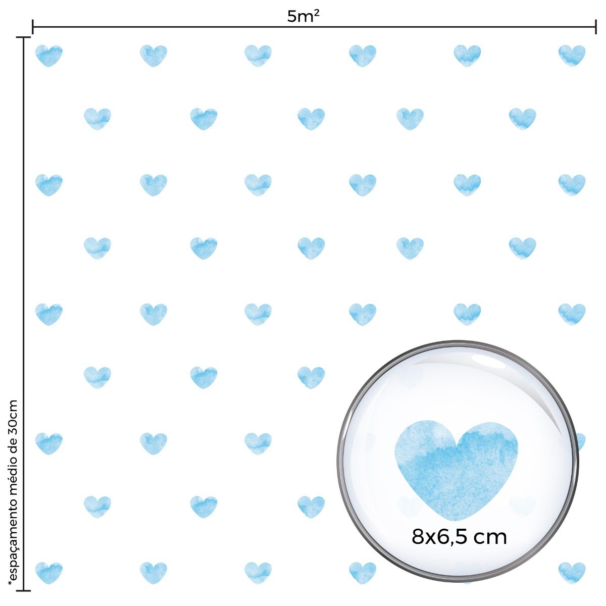 Adesivo de Parede Corações Aquarela Azul 55 un Cobre 5m²