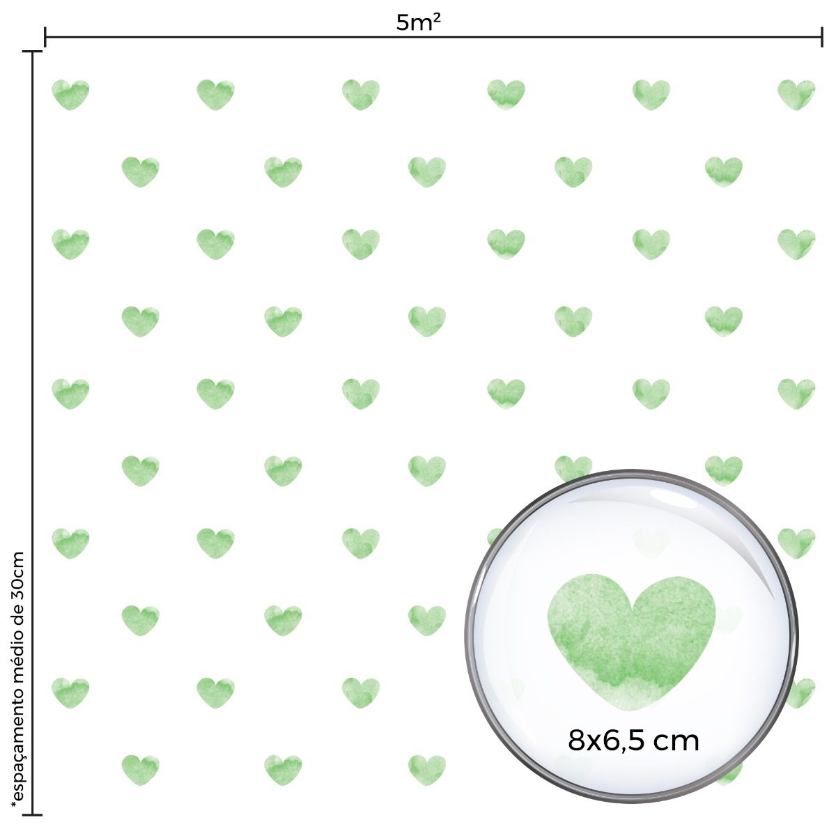 Adesivo de Parede Corações Aquarela Verde 55 un Cobre 5m²