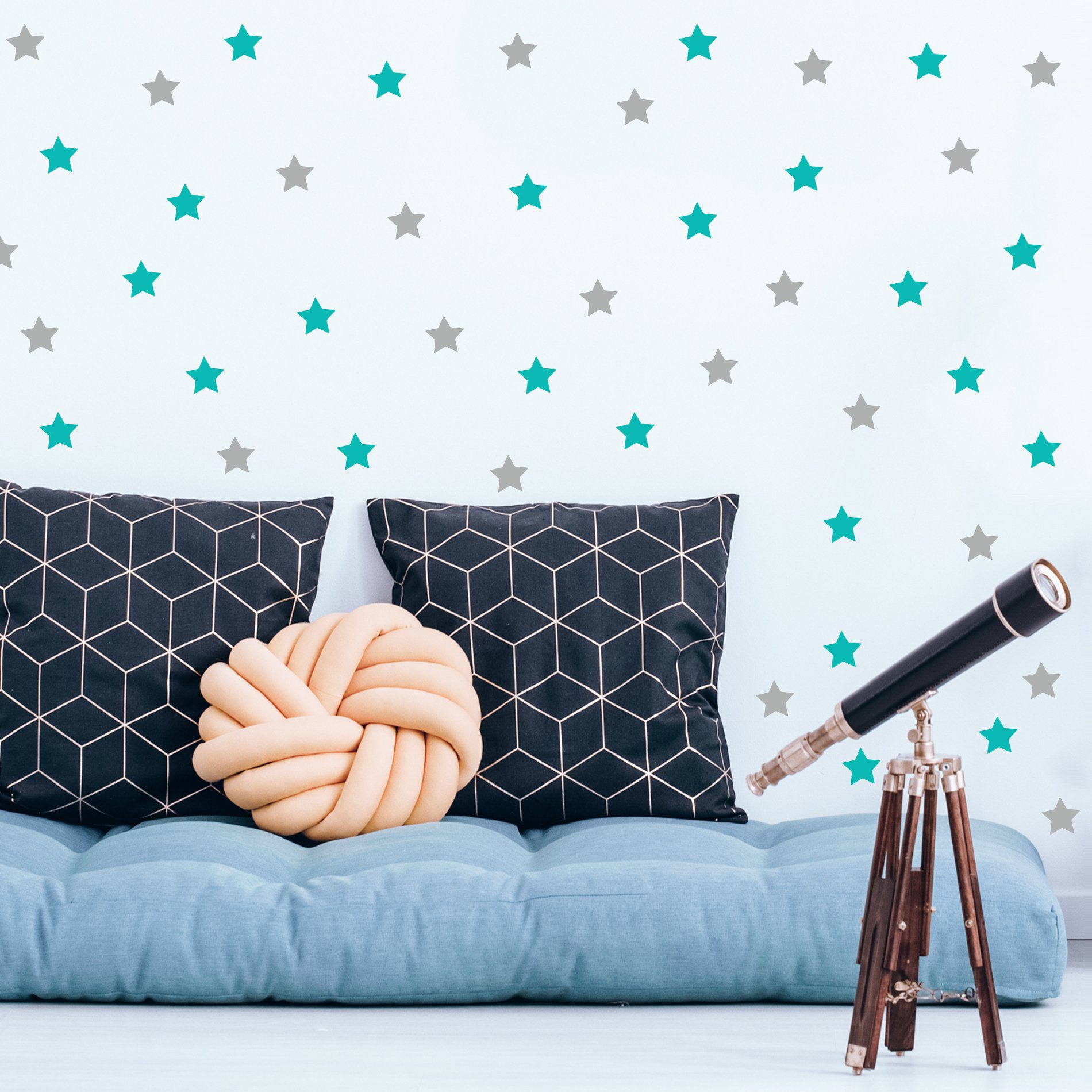 Adesivo de Parede Estrelas Cinza e Turquesa 54un