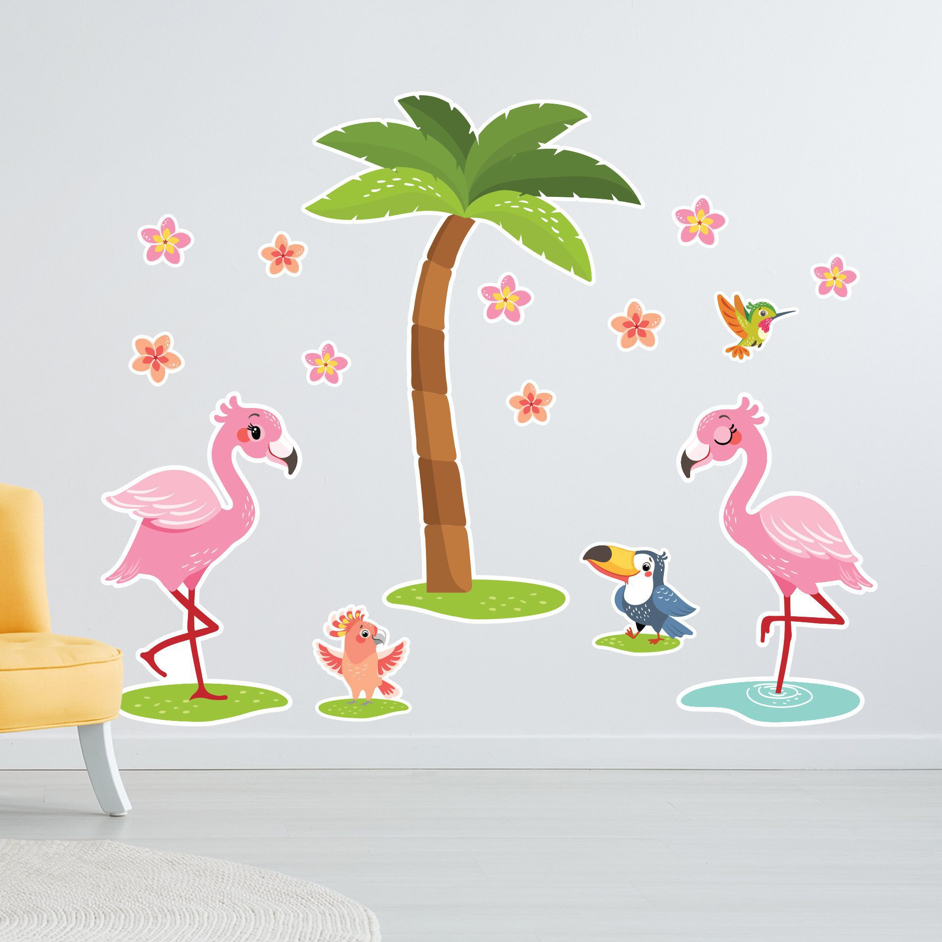 Adesivo de Parede Flamingos e Flores para Quarto de Menina