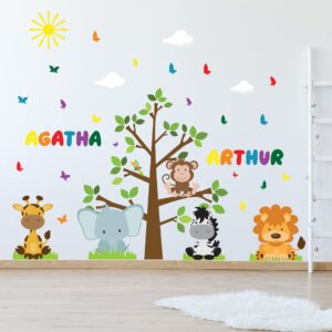 Adesivo de Parede Árvore Safari com 2 Nomes Personalizados