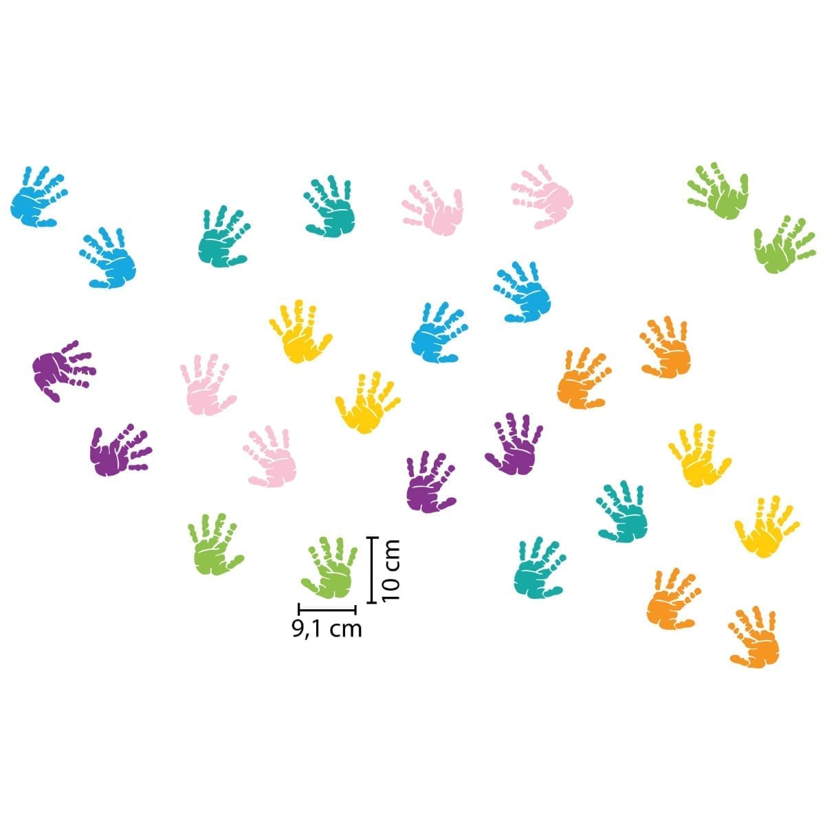 Imagem ilustrativa mostrando dimensões dos adesivos de parede infantis em formato de mãos coloridas com medidas aproximadas