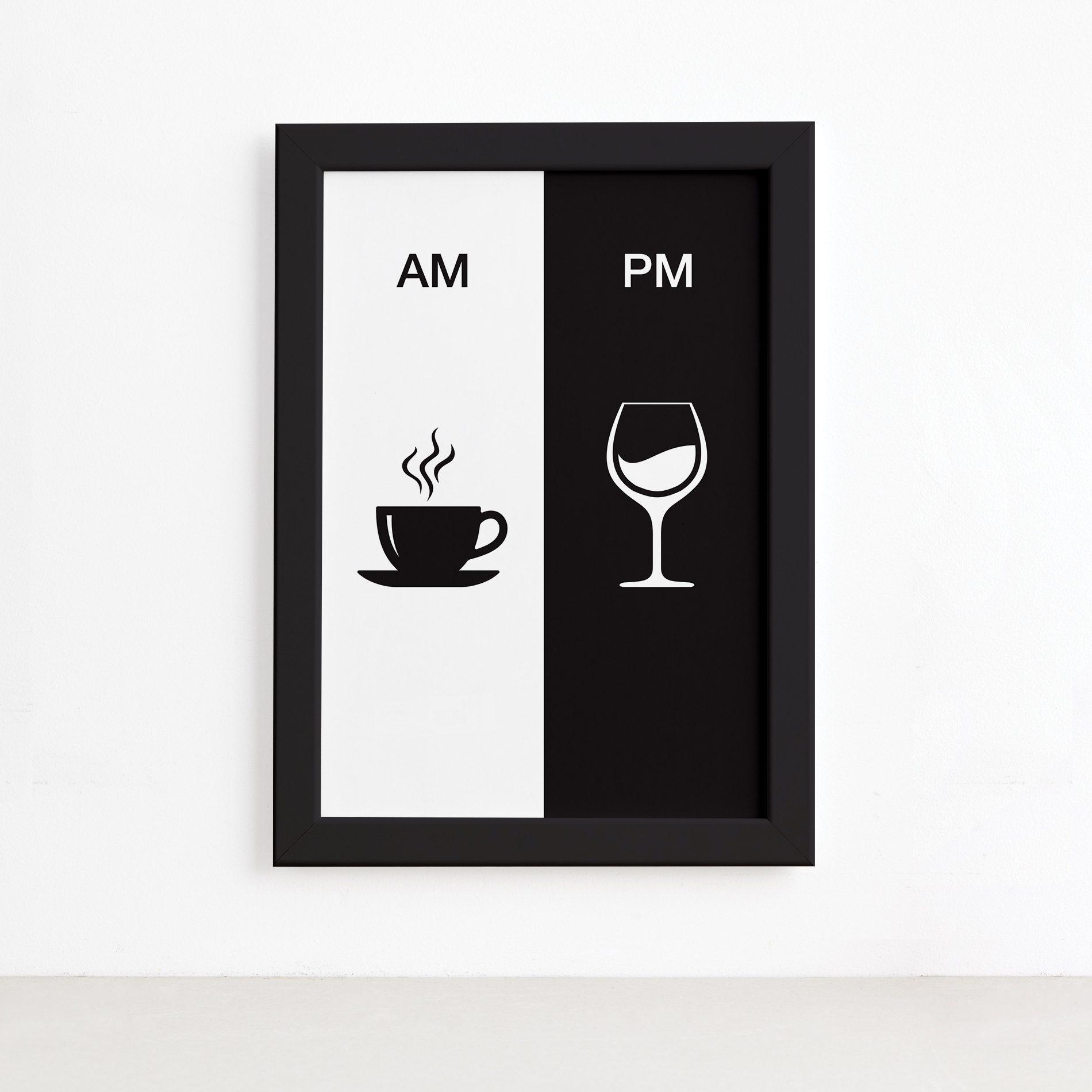 Quadro Vinho e Café AM/PM Minimalista Moldura Preta 22x32cm,Quadro Vinho e Café AM/PM Minimalista Moldura Preta 22x32cm