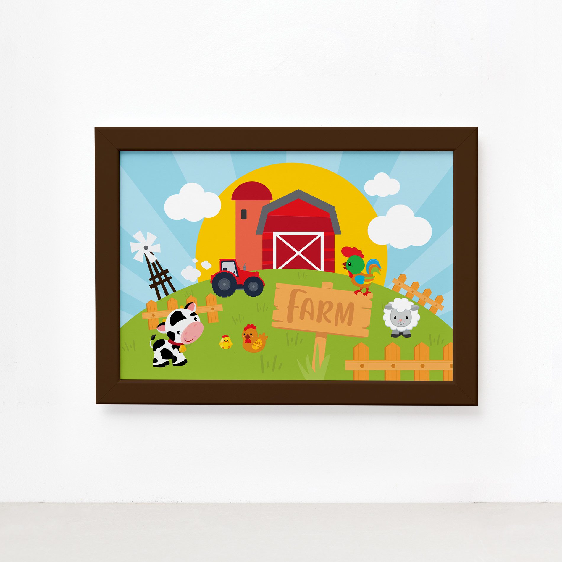 Quadro Animais da Fazenda Feliz Moldura Marrom 22x32cm,Quadro Animais da Fazenda Feliz Moldura Marrom 22x32cm