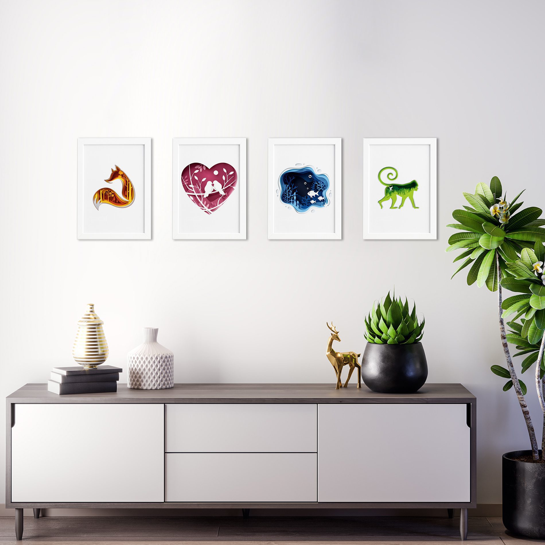 Quadros Animais Paper Moldura Branca 22x32cm Kit 4un,Quadros Animais Paper Moldura Branca 22x32cm Kit 4un