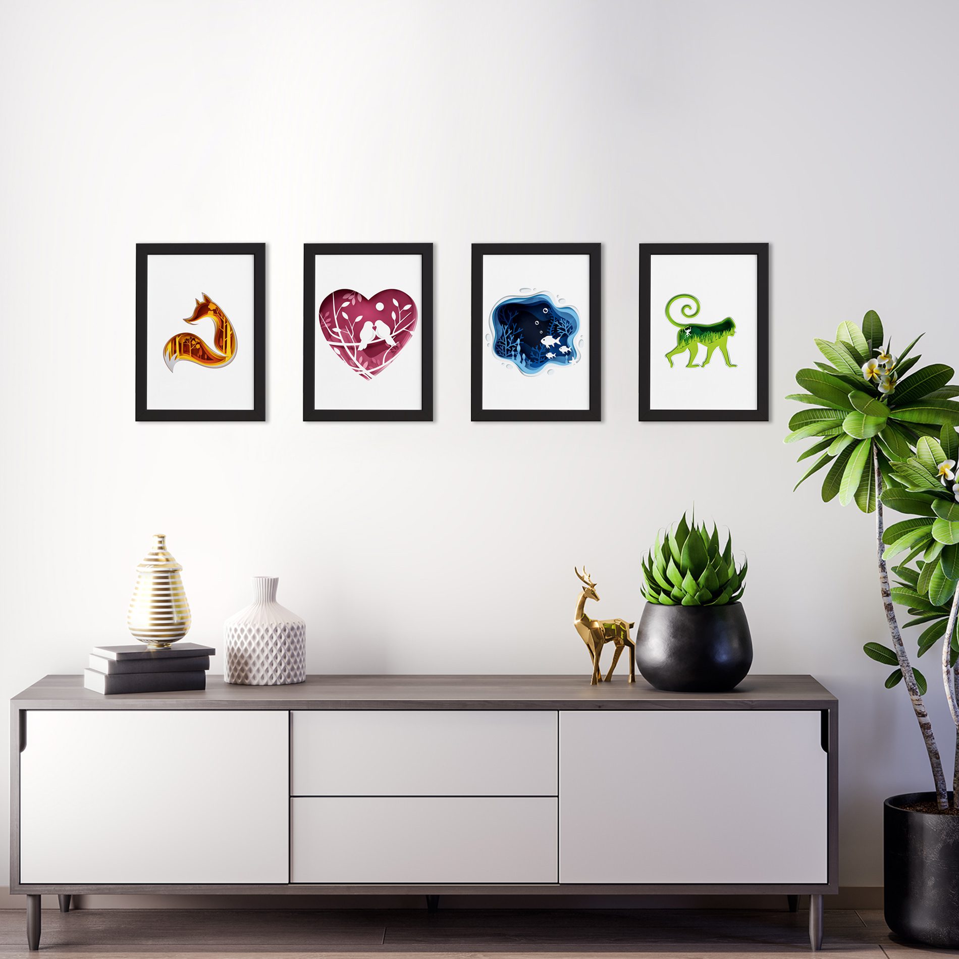 Quadros Animais Paper Moldura Preta 22x32cm Kit 4un,Quadros Animais Paper Moldura Preta 22x32cm Kit 4un