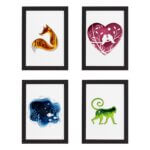 Quadros Animais Paper Moldura Preta 33x43cm Kit 4un