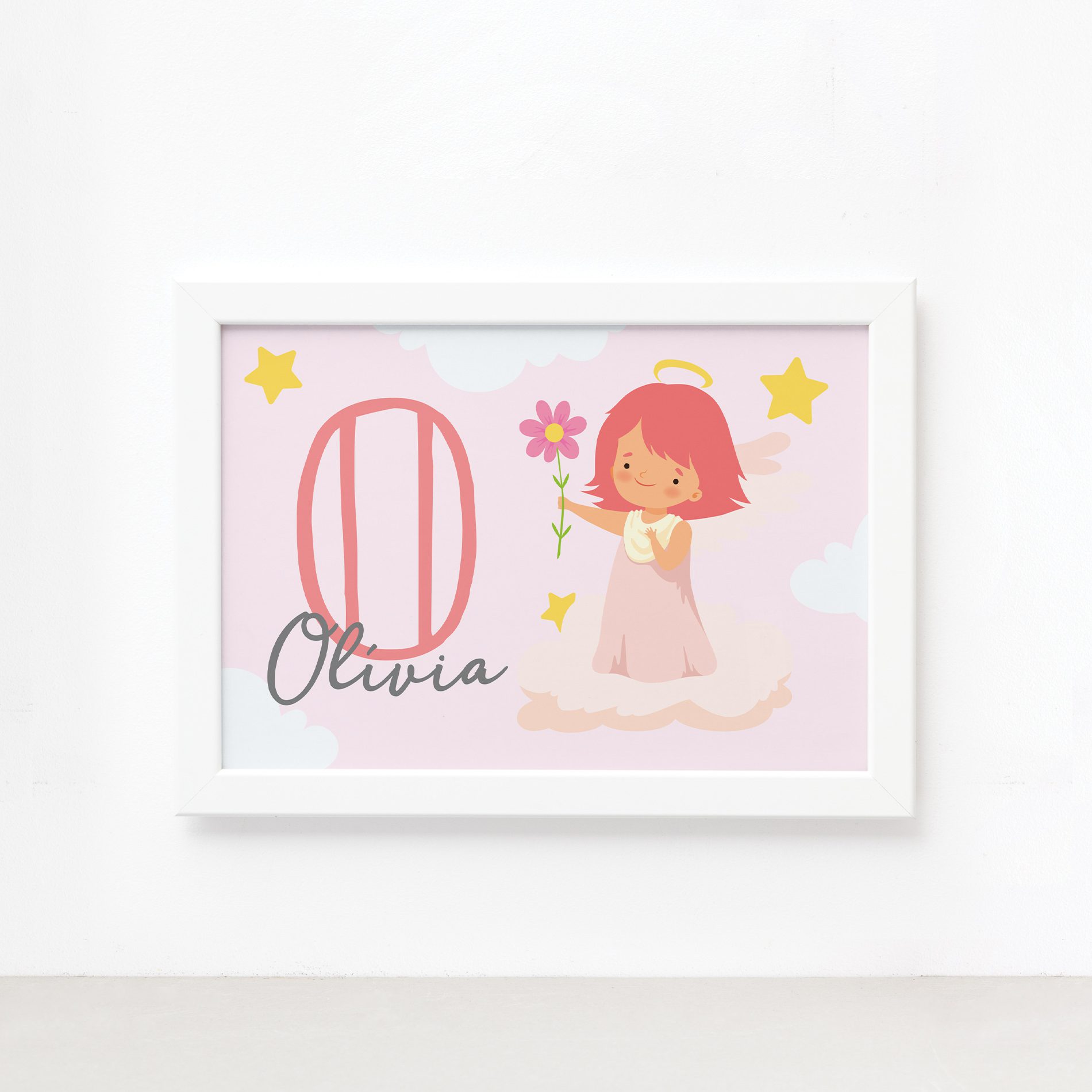 Quadro Nome Personalizado Anjo Menina Moldura Branca 22x32cm,Quadro Nome Personalizado Anjo Menina Moldura Branca 22x32cm