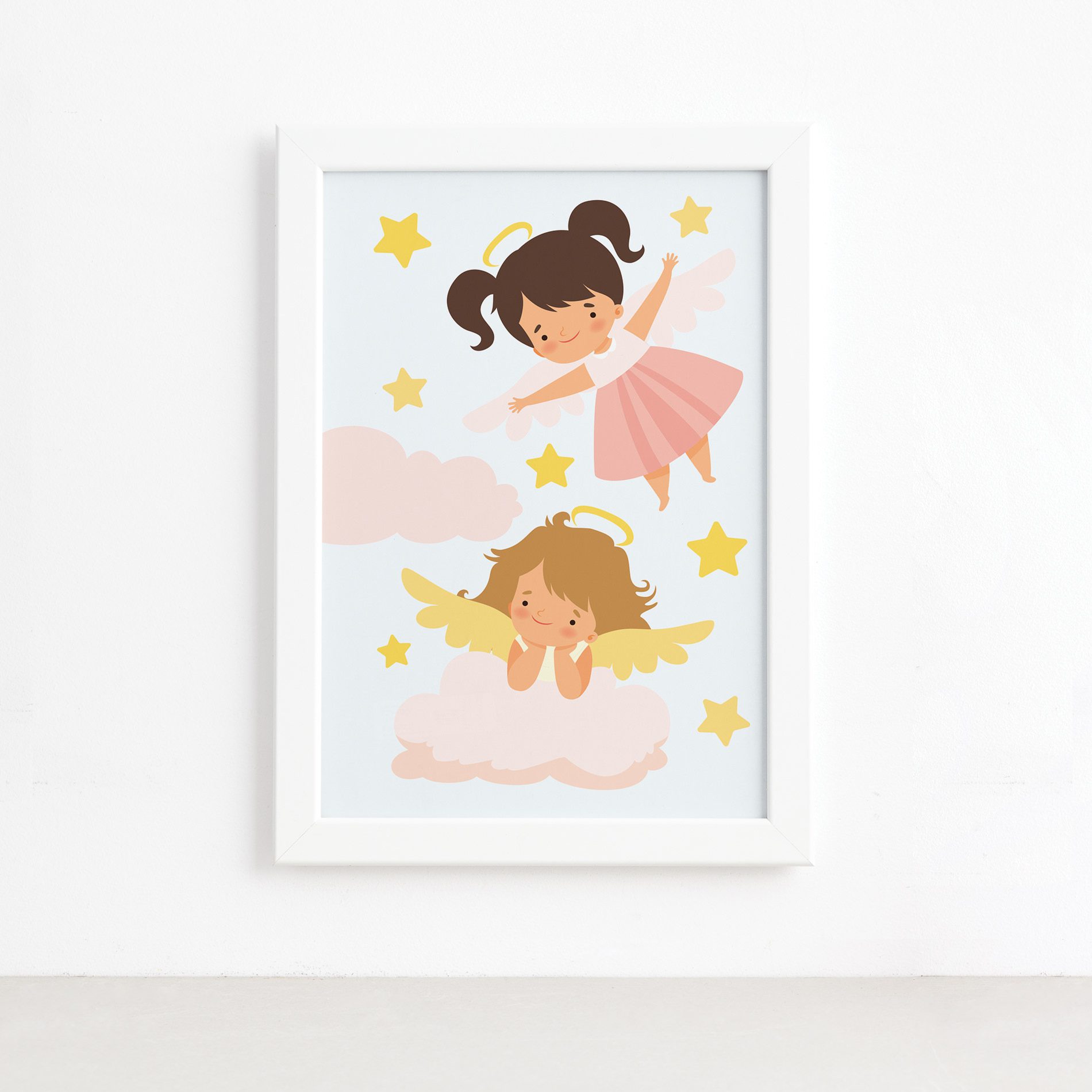 Quadro Anjos no Céu Menina Moldura Branca 22x32cm,Quadro Anjos no Céu Menina Moldura Branca 22x32cm